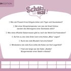 Quiz über Katzen mit 7 Fragen. Überschrift: Schatz mal! Unten Felder für Name und Punkte. Hintergrund lila.