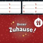 „Unser Zuhause!“, darunter Zahlen in Feldern. Weihnachtskugel mit „11“. Hintergrund mit Sternen.