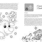 Seite mit Text über Weihnachten, ein illustriertes Rentier mit Lichterkette und eine Krippe mit Figuren und Esel.