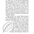 Text über Feigen und Botanikaffen, erwähnt die Pflanzengruppe Moraceae. Unten links ist eine einfache Zeichnung eines Blattes.