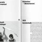 Texte: Schleudersitz [Performance], Schotter [Betonieren], Schmerzhaft [Assemblage], Schönheit. Foto: Zwei Personen arbeiten gemeinsam.