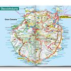 Übersichtskarte Gran Canaria, zeigt Straßen, Orte und markante Punkte mit Nummern und farbigen Linien.