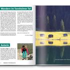 "Wandern im Tannheimer Tal" und "Autorin" sind prominent. Links Text über Wandern, rechts Bild mit Wiesen und Spiegelungen.
