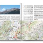 Im Anstieg zur Spitze Lun. Oben links Foto eines Berges; unten Landkarte mit hervorgehobenem Wanderweg.