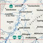 Landkarte mit Städten: Speyer, Germersheim, Karlsruhe und Pforzheim. Umgeben von Straßen und Flüssen. Orte im Kraichgau.