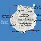 Karte von Gran Canaria mit Städten wie Las Palmas, Gáldar, Telde, und dem Atlantischen Ozean.
