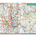 "Übersichtskarte" steht oben rechts. Eine detaillierte Straßenkarte mit Städten wie Darmstadt und Mannheim. Farbcodierte Routen.