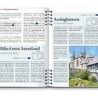 "BikeArena Sauerland: Endloses Bikerglück. Assinghausen: Ein Dorf voller Rosen." Zeigt Text, Fotos und eine Landschaft.