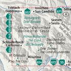 Kartenansicht der Sextner Dolomiten mit Orten wie Toblach, Innichen, Sexten. Wanderrouten sind nummeriert.