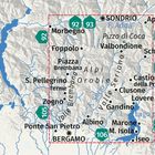 Karte der Lombardei mit Städtenamen: Sondrio, Morbegno, Clusone. Straßen: 92, 93, 105, 106. Seen und Berge erkennbar.