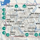 Landkarte mit Städten: Salzburg, Bad Reichenhall, Berchtesgaden. Berge: Chiemgauer Alpen. Straßen: 16, 291.
