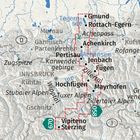 Karte einer Region mit Orten: Tegernsee, Pertisau, Innsbruck, Sterzing. Rote Linie zeigt Route. Blau für Wasser, graue Berge.