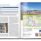 "Berliner Mauerweg 159 km. Karte zeigt roten Weg um Berlin. Rechts Graffiti-Mauer, links Text zur Strecke."