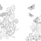 Eine detaillierte Schwarz-Weiß-Illustration mit Schmetterlingen, Blumen, Pilzen und Blattornamenten.