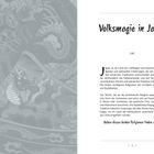 "Volksmagie in Japan" steht in großer Schrift. Der Text beschreibt religiöse Traditionen Japans. Im Hintergrund sind kunstvolle Illustrationen von fantastischen Kreaturen.