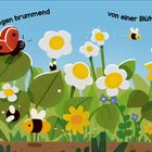 „Fleißige Bienchen fliegen brummend von einer Blüte zur nächsten.“ Illustration mit Blumen und kleinen Insekten.