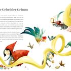 Titel: "Die Gebrüder Grimm". Schriftblock beschreibt ihre Märchen. Illustration mit Figuren wie Rotkäppchen und Rapunzel.