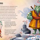 „Der Bakeneko“: Ein Katzen-Yōkai steht auf zwei Beinen, trägt eine Robe, mit Schwert, umgeben von Felsen und Blumen.