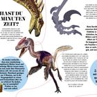 HAST DU 5 MINUTEN ZEIT? Illustration von Dinosauriern, u.a. T-Rex und gefiederter Dinosaurier. Hinweise auf Abenteuer und Wissen.