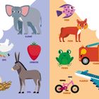 Links: E, Elefant, Ente, Eis, Ei, Erdbeere, Esel. Rechts: F, Fisch, Fuchs, Frosch, Feuerwehr, Fahrrad, Flugzeug. Illustrationen.