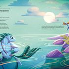 Titel "ADARO". Text über ein Geheimnis und einen Fischerballt. Illustration: Wesen mit Fisch- und Menscheneigenschaften im Wasser.