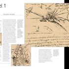 Kapitel 1: Die ersten Versuche. Text beschreibt historische Flugexperimente. Skizzen von flugähnlichen Maschinen. Porträtzeichnung rechts.
