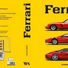 „Ferrari. 80 Jahre Ferrari in exklusiver Sammleredition.“ Drei rote Ferraris, jeweils aus unterschiedlichen Jahrzehnten, vor gelbem Hintergrund.