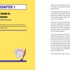 Links steht "Chapter 1: Beginner's Guide to Korean Grammar". Rechts ein erläuternder Text zur Einführung in die koreanische Grammatik mit motivierendem Ton. Unten eine Malpalette mit Pinsel auf gelbem Hintergrund.