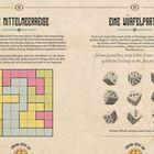 Links: "EINE MITTELMEERREISE", Raster mit bunten Quadraten. Rechts: "EINE WÜRFELPARTIE", neun Würfel.
