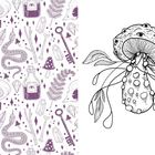 Links: Muster aus Schlüsseln, Flaschen, Kristallen, Federn. Rechts: Illustration eines Pilzes mit Blättern.