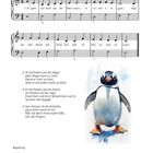"8. Der Pinguin" von Michael Schäfer: Noten und Text über einen Pinguin, dazu eine Illustration eines fröhlichen Pinguins.