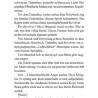 Text beschreibt eine Szene mit Tintenfass, Notizbuch, Revolver, rotem Licht und einer bedrückenden Atmosphäre.