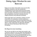 4: Dating-Apps: Wischen bis zum Burn-out. Die Magie der ersten Anmeldung. Text über Online-Dating und Herausforderungen.