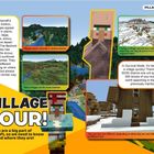 Links: "In Minecraft's Java Edition, villages appear..." Rechts oben: "Finding a village can just be a matter of..." Rechts unten: "In Survival Mode, it’s helpful to find a village quickly..." Unten groß: "VILLAGE TOUR!" Bild zeigt eine Minecraft-Landschaft mit drei Screenshots und einem Dorfbewohner.