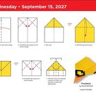 "Wednesday • September 15, 2027" und "Predator by David Mitchell". Origami-Anleitung mit sieben Schrittzeichnungen zum Falten eines Fliegers.