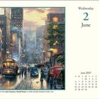 Wednesday, 2 June. Illustration von San Francisco, Powell Street, mit einer Straßenbahn und belebter Straßenszene.