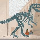 Texte: Zitate und Daten (10., 11., 12. Mai). Illustration: Dinosaurierskelett im Museum, zwei Kinder schauen fasziniert.