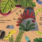 Texte sagen: "And slither like a snake, nice and slow..." und "Can you SLITHER like a snake? SLITHER! SLITHER!" Illustration mit bunten Schlangen und Pflanzen.