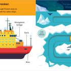 Links: "This is an ice breaker" erklärt, was ein Eisbrecher ist. Rechts: Eis, Pinguine, ein Eisbär und ein Schiff in einem Labyrinth.