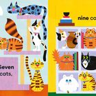 Links steht "Seven cats," und rechts "nine cats,". Illustration von bunten Katzen auf Kratzbäumen und Regalen.