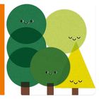 „What's that noise?“ Ein orangener Hintergrund, Baum-Illustrationen mit lachenden Gesichtern, bunter Punkt und Knopf „Press Here!“.