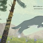 Text: "We'll make our own adventures and have fun along the way." Illustration: Zwei graue Wölfe springen; Waldlandschaft.