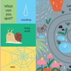 „big snail, What can you spot?, raindrop, baby snail, pebble, spider, web, Let’s go home, baby snail, You’re home!“ 
Illustration von Schnecken, einem Spinnennetz, Pflanzen und einem Weg.