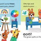 "Use your brush to paint some trees. Careful with the paint pots, please." Eine blaue Katze malt mit Kindern.