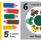 Links steht "4 I count four." mit Schmetterlingen. Rechts "5 I count five." und Buntstiften. Rechts oben "6 I count six..." mit Autos.