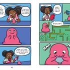 Eine Wissenschaftlerin namens Nova spricht mit einem pinken Schleim, testet es und es isst Plastik. Comic-Stil.