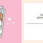 "Our friendship is picture-perfect because". Links Illustration: Einhorn, Bär und Boba-Tee in einem Foto auf rosa Hintergrund.