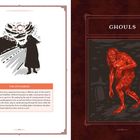 Links: Text "The Hitchhiker" beschreibt eine Geistergeschichte. Illustration eines Daumen heraushaltenden Fahrers. Rechts: "Ghouls", Illustration einer roten Kreatur auf einem Friedhof.