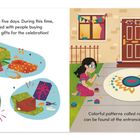 Diwali dauert fünf Tage. Menschen kaufen Kleidung und Geschenke. Bunte Rangoli sind vor Gebäuden zu sehen.