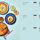 Texte: Kimchi-bokkeumbap, Janchi-guksu, Budae-jjigae. Koreanische Gerichte in bunten Schalen auf hellem Hintergrund.